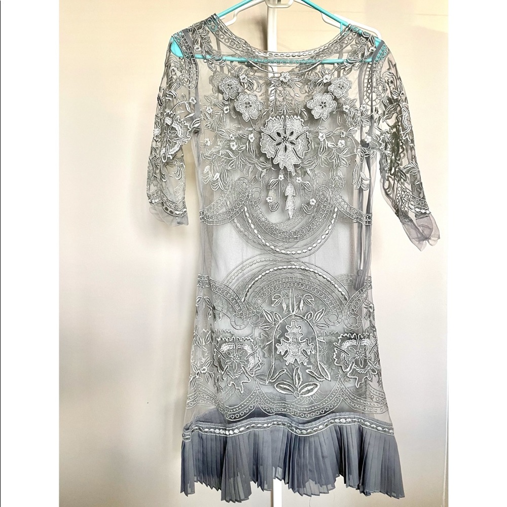Floral Embroidery/Lace Long Sleeve Dress Silver